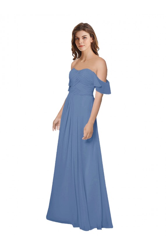 Online Flutter Sleeves Scoop Neck Off the Shoulder Long Chiffon Bridesmaid Dress UK