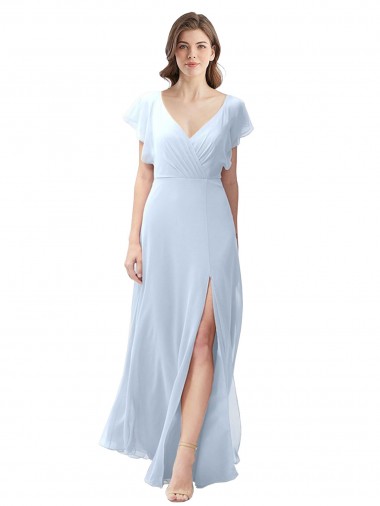 Online Flutter Sleeves Long Chiffon Bridesmaid Dress with Daring Open Back and Side Slit UK
