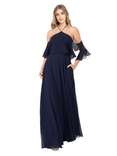 Online Halter Neck Cold Shoulder Flutter Sleeves Bridesmaid Dress UK