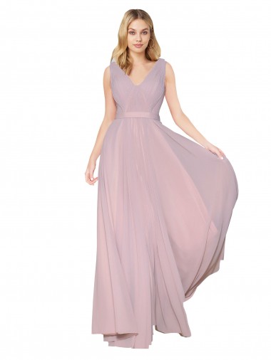 Online Draped V-Neck Long Chiffon Bridesmaid Dress / Formal Prom Dress with Shirred Bodice UK