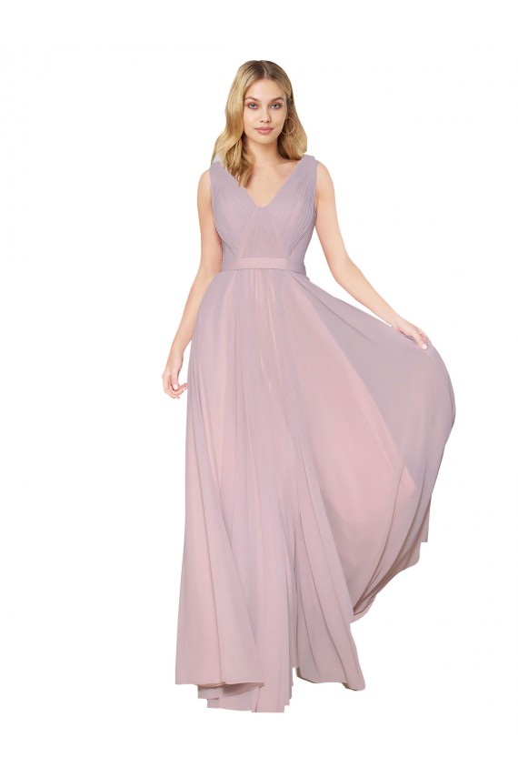 Online Draped V-Neck Long Chiffon Bridesmaid Dress / Formal Prom Dress with Shirred Bodice UK
