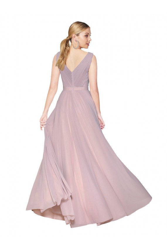 Online Draped V-Neck Long Chiffon Bridesmaid Dress / Formal Prom Dress with Shirred Bodice UK