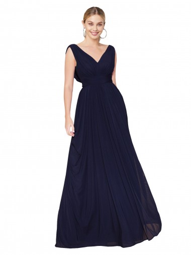 Online Draped Long V-Neck Floor Length Chiffon Bridesmaid Dress / Formal Prom Dress UK