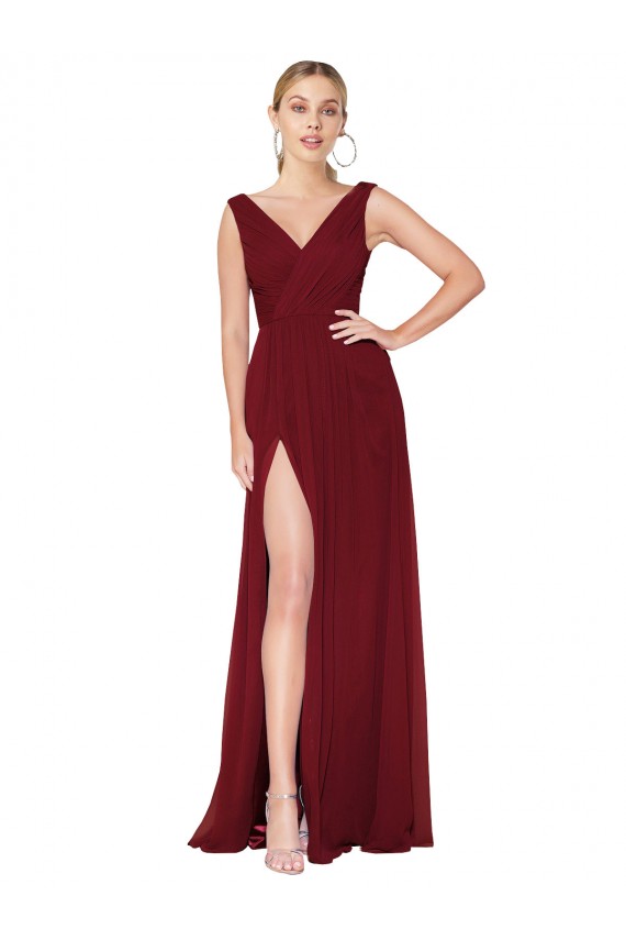Online Draped Mermaid Long V-Neck Chiffon Bridesmaid Dress / Formal Prom Dress with High Slit UK