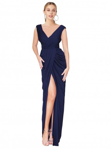 Online Draped V-Neck Long Chiffon Bridesmaid Dress / Formal Prom Dress with Front Slit UK
