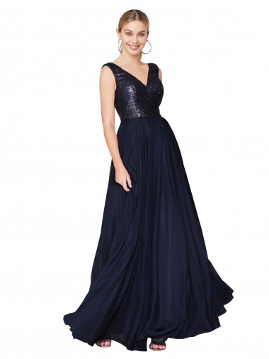 Online High Neck V-Neck Long Chiffon Bridesmaid Dress / Prom Dress with Sequin Top UK
