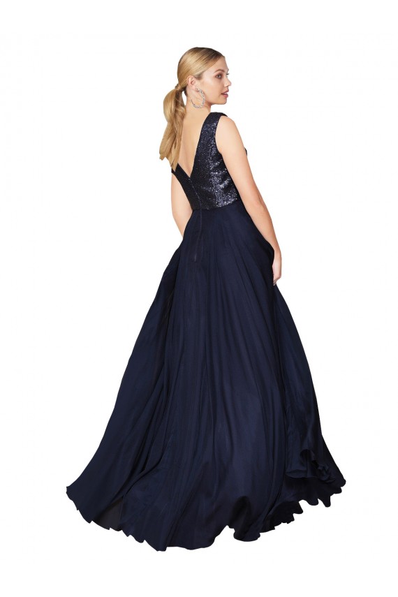 Online High Neck V-Neck Long Chiffon Bridesmaid Dress / Prom Dress with Sequin Top UK