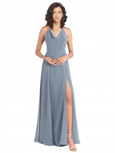 Online Slim A-Line Cowl Neck Long Chiffon Bridesmaid Dress with Side High Slit UK