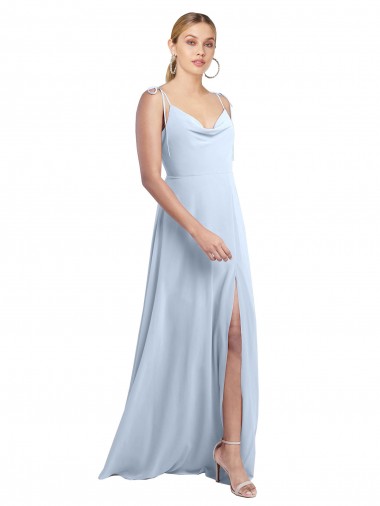 Online Draped Cowl Neck Tied Straps Long Chiffon Bridesmaid Dress with Slit UK