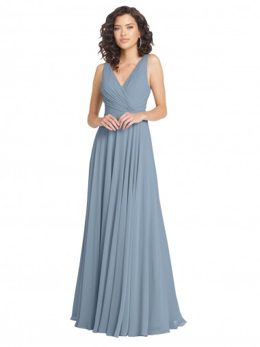 Online Faux Surplice Bodice Long Chiffon Bridesmaid Dress with V-Neckline UK