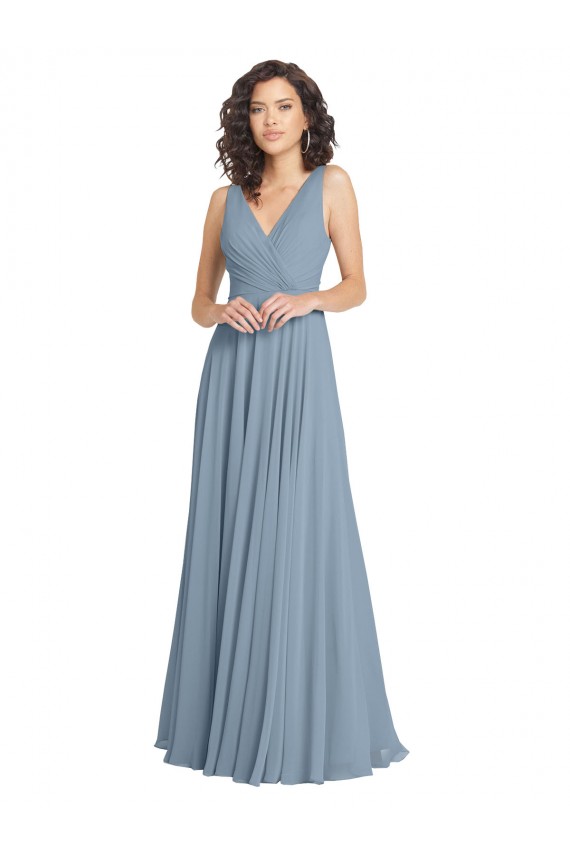 Online Faux Surplice Bodice Long Chiffon Bridesmaid Dress with V-Neckline UK