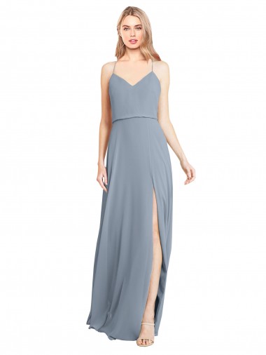 Online Spaghetti Straps V-Neckline Long Chiffon Bridesmaid Dress with High Slit UK