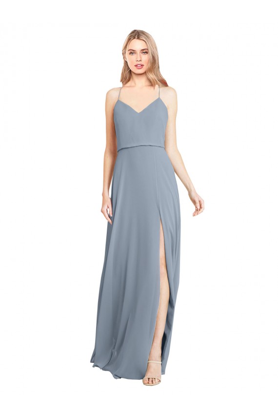 Online Spaghetti Straps V-Neckline Long Chiffon Bridesmaid Dress with High Slit UK
