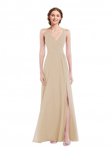 Online Faux Wrap Criss Cross Back Maxi Bridesmaid Dress with Front Slit UK