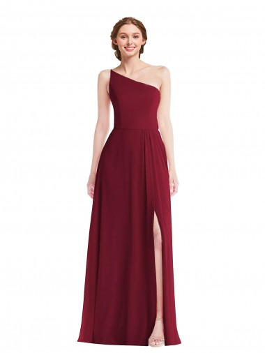 Online One Shoulder Chiffon Maxi Bridesmaid Dress with Shirred Front Slit UK