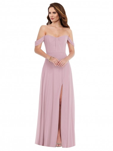 Online Off the Shoulder Draped Sleeve Maxi Bridesmaid Dress with Front Slit UK