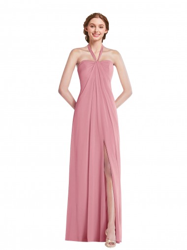 Online Draped Chiffon Grecian Column Bridesmaid Dress with Front Slit UK