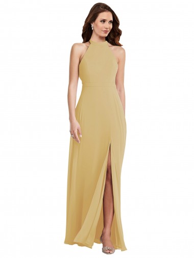 Online Stand Collar Halter Maxi Bridesmaid Dress with Criss Cross Open Back UK