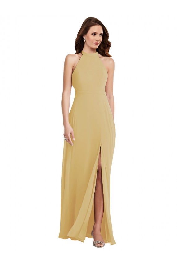 Online Stand Collar Halter Maxi Bridesmaid Dress with Criss Cross Open Back UK