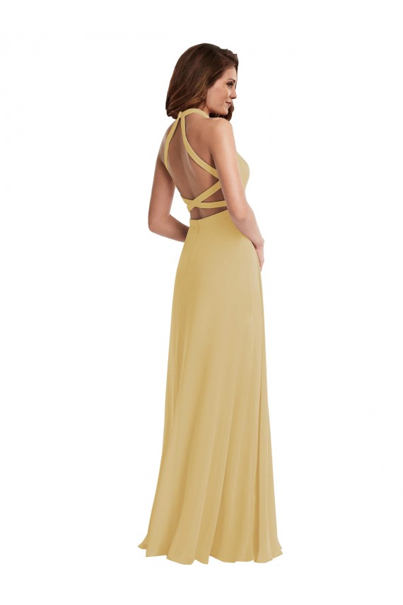 Online Stand Collar Halter Maxi Bridesmaid Dress with Criss Cross Open Back UK