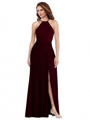 Online Halter Spaghetti Straps Maxi Bridesmaid Dress with Front Slit UK