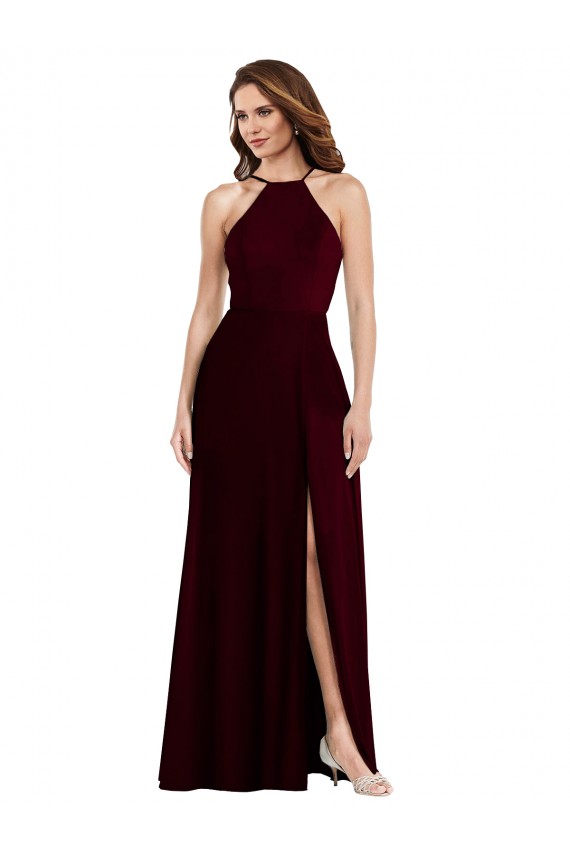 Online Halter Spaghetti Straps Maxi Bridesmaid Dress with Front Slit UK