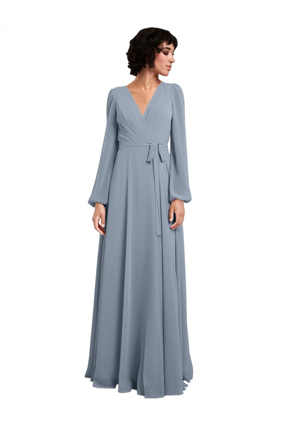 Online Wrap Style Long Sleeves Chiffon Bridesmaid Dress with Pleated Bodice UK