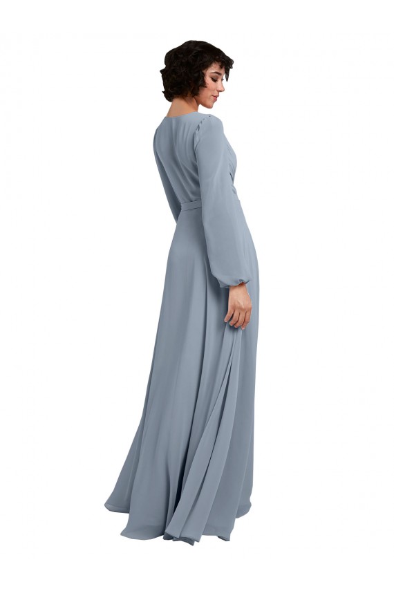 Online Wrap Style Long Sleeves Chiffon Bridesmaid Dress with Pleated Bodice UK