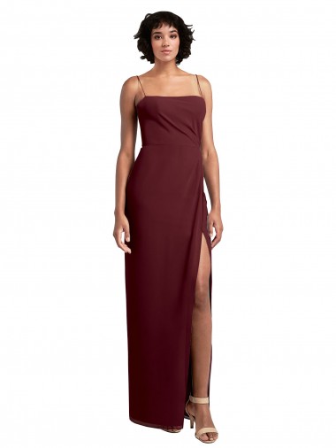 Online Sleek Straight Neckline Chiffon Bridesmaid Dress with Spaghetti Straps and High Side Slit UK
