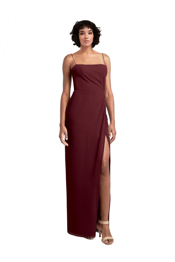 Online Sleek Straight Neckline Chiffon Bridesmaid Dress with Spaghetti Straps and High Side Slit UK
