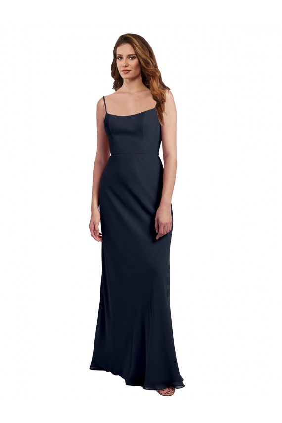 Online Scoop Neck Long Chiffon Open Back Bridesmaid Dress with Spaghetti Straps UK