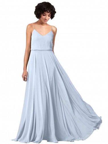 Online V-Neck Blouson Waist Long Chiffon Bridesmaid Dress with Straps UK