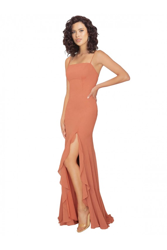 Online Chiffon Square Neck Bridesmaid Dress with Ruffled Skirt Slit UK