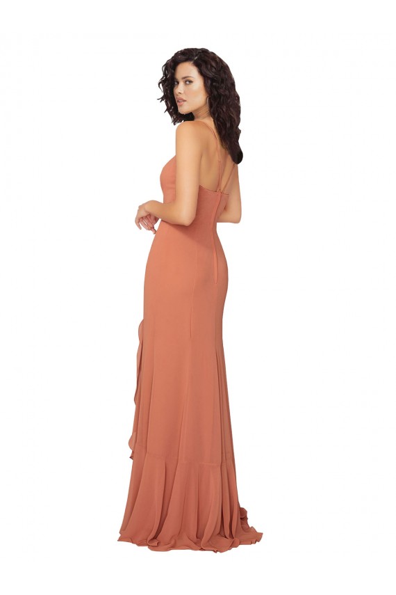 Online Chiffon Square Neck Bridesmaid Dress with Ruffled Skirt Slit UK