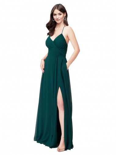 Online Chiffon Bridesmaid Dress with Draped Surplice Bodice & Pockets UK