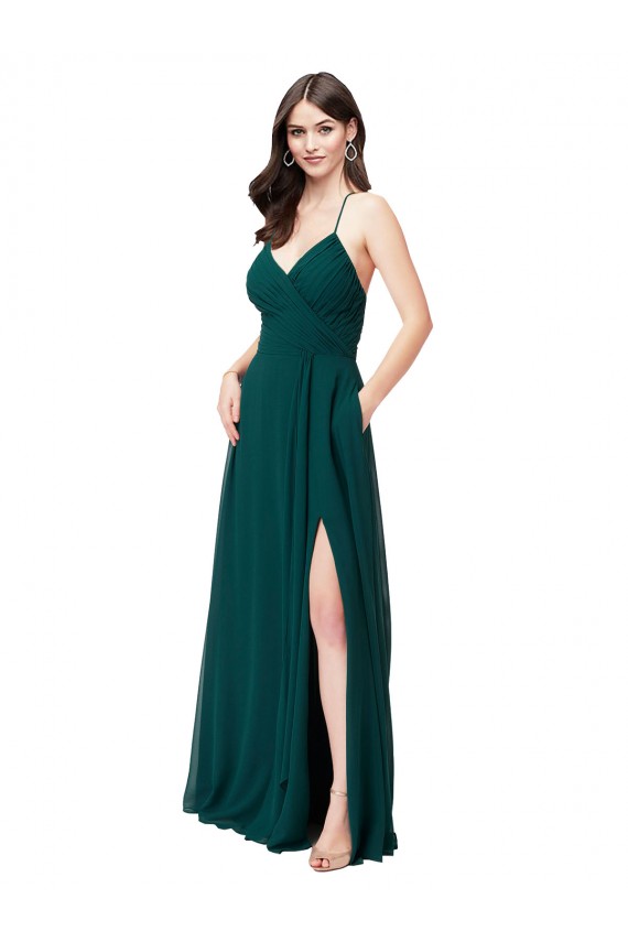 Online Chiffon Bridesmaid Dress with Draped Surplice Bodice & Pockets UK
