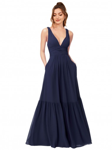 Online Floor Length Deep V-Neck Ruched Chiffon Long Bridesmaid Dress UK