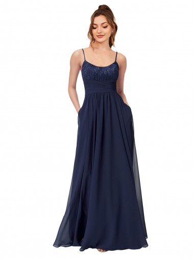 Online Long Chantilly Lace and Ruched Chiffon Bridesmaid Dress with Pockets UK