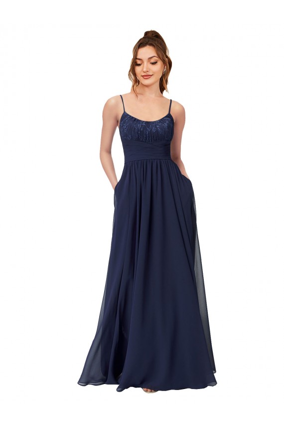 Online Long Chantilly Lace and Ruched Chiffon Bridesmaid Dress with Pockets UK