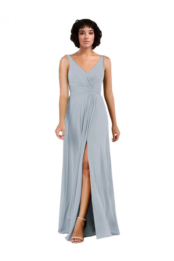Online V-Neckline Wrapped Chiffon Bridesmaid Dress with Skirt Slit UK