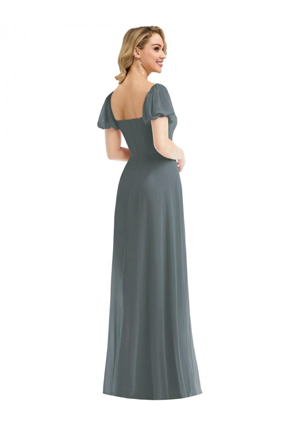 Online Puff Sleeves Chiffon Maxi Bridesmaid Dress with Front Slit UK