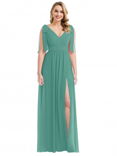 Online Plunge Neckline Bow Shoulder Chiffon Maxi Bridesmaid Dress UK