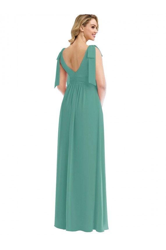 Online Plunge Neckline Bow Shoulder Chiffon Maxi Bridesmaid Dress UK