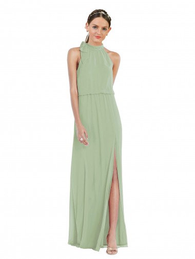 Online High Neck Scarf Tie Blouson Bodice Maxi Bridesmaid Dress with Front Slit UK