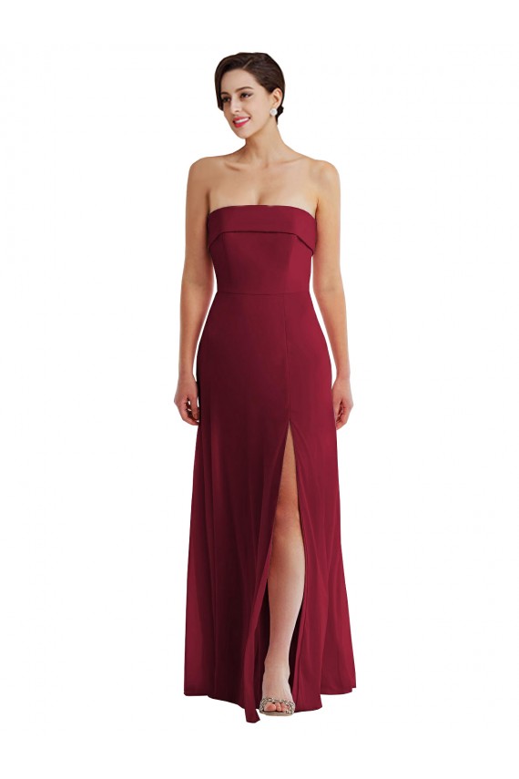 Online Cuffed Strapless Maxi Formal Bridesmaid Dress with Front Slit UK
