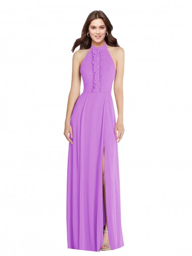 Online Halter Backless Maxi Formal Bridesmaid Dress with Button Ruffle Placket UK