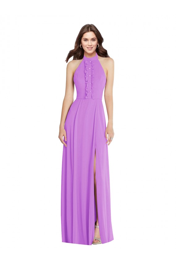 Online Halter Backless Maxi Formal Bridesmaid Dress with Button Ruffle Placket UK