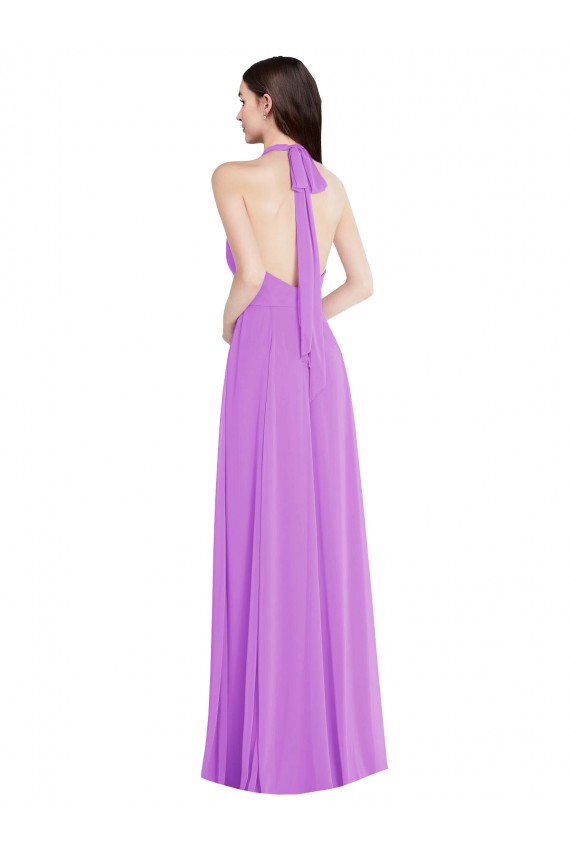 Online Halter Backless Maxi Formal Bridesmaid Dress with Button Ruffle Placket UK