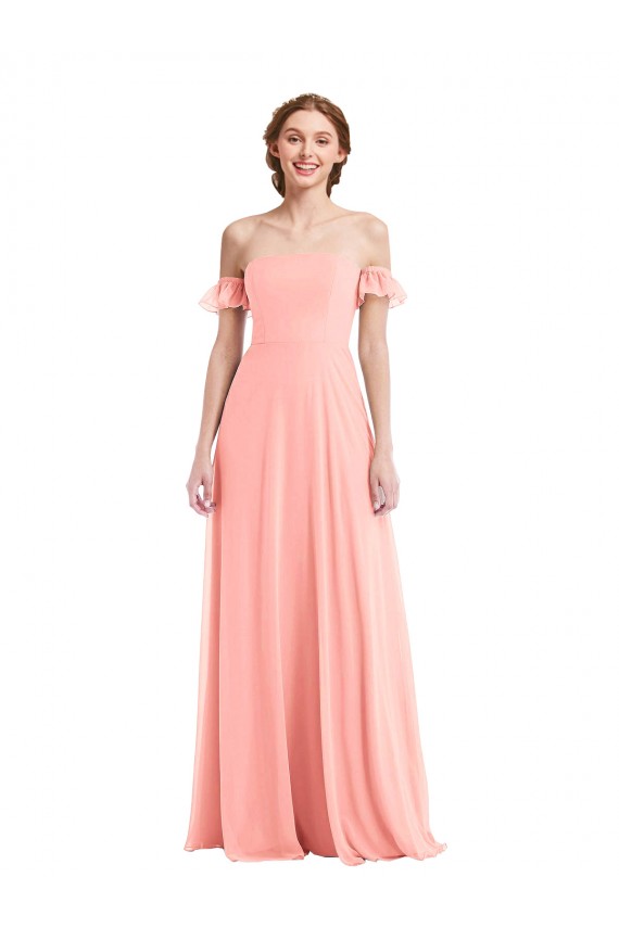 Online Off the Shoulder Ruffle Cuff Sleeve Chiffon Maxi Bridesmaid Dress UK