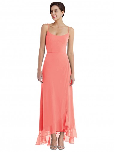Online Scoop Neck Ruffle Trimmed High Low Maxi Bridesmaid Dress UK